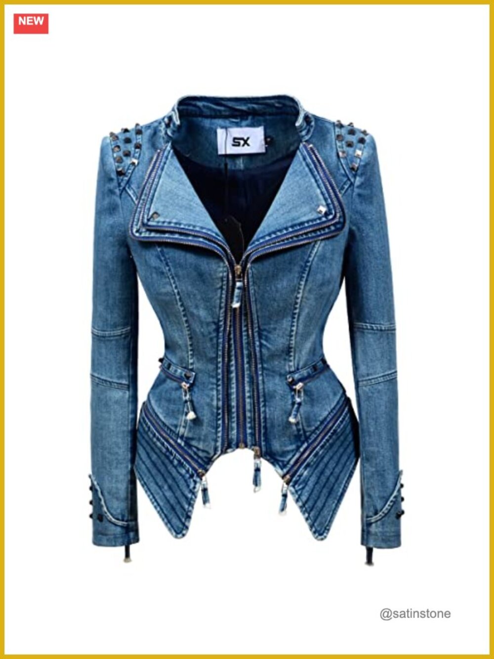 Classic Denim Jacket with Rivet Details Double Zipper Dovetail Punk Motorcycle